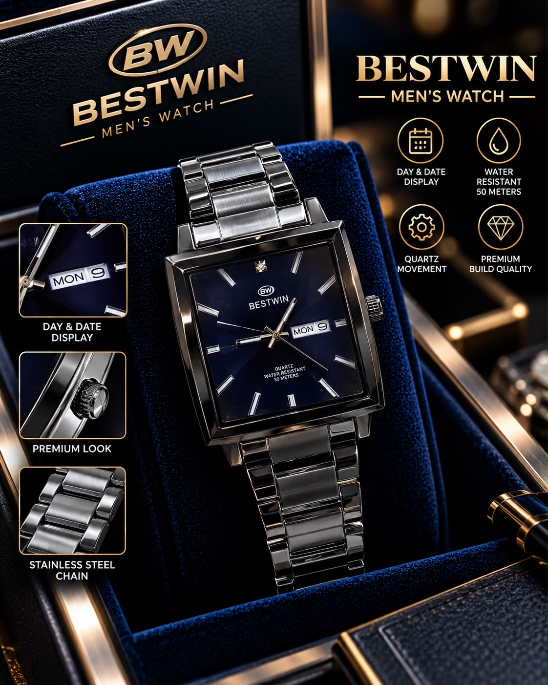 Gents Premium Chain Watch with High Quality Box – G08 Bestwin